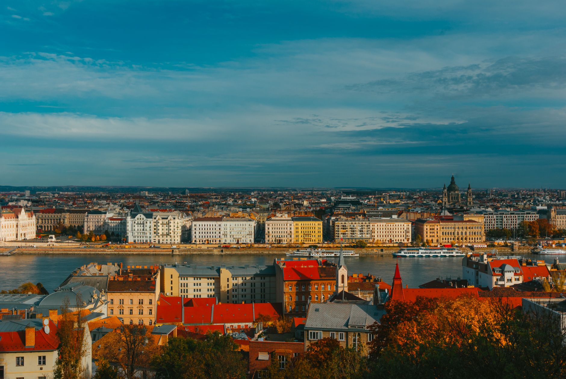 Aerial skyline of Budapest along the Danube