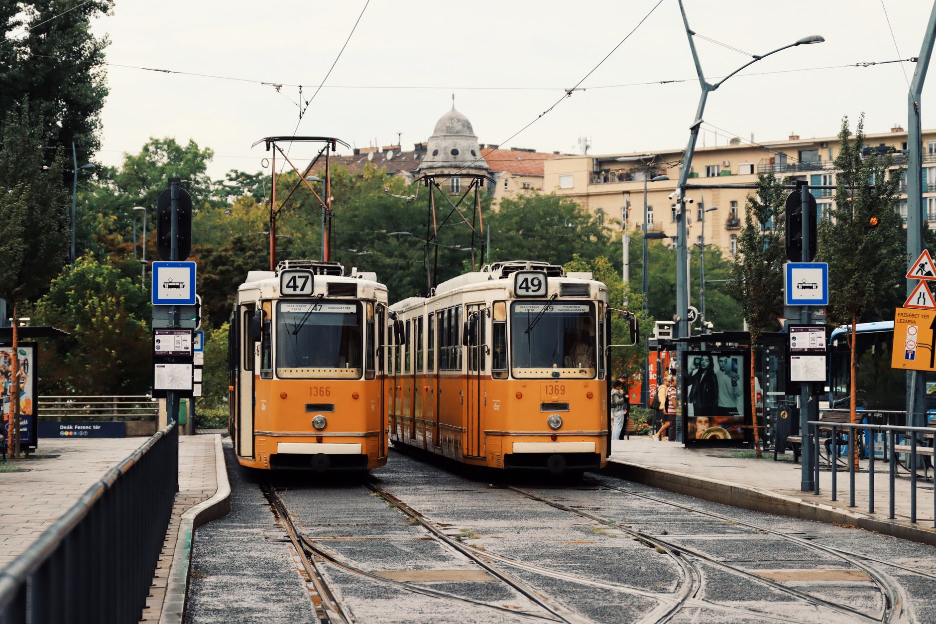 A tram passing through a street in central Budapest